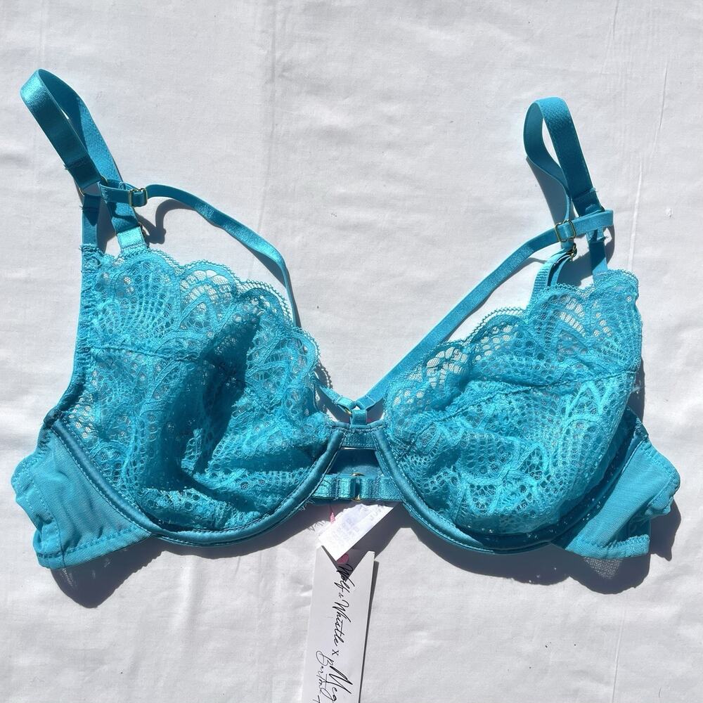 Wolf & Whistle X Megan Barton Hanson Hustler Hollywood Bra 34D Teal Blue Lace